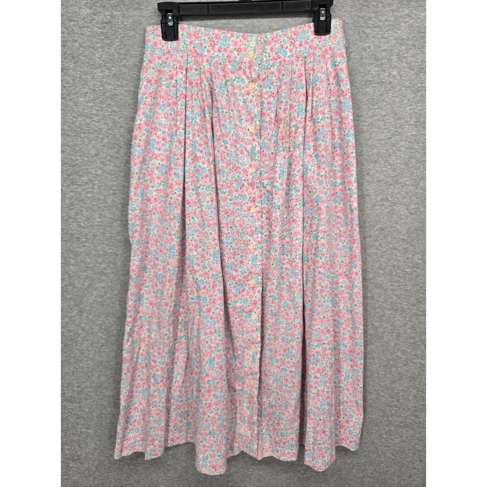 Vintage Avon Fashions Floral Button Maxi Skirt Pink Blue Pockets 28" High Waist